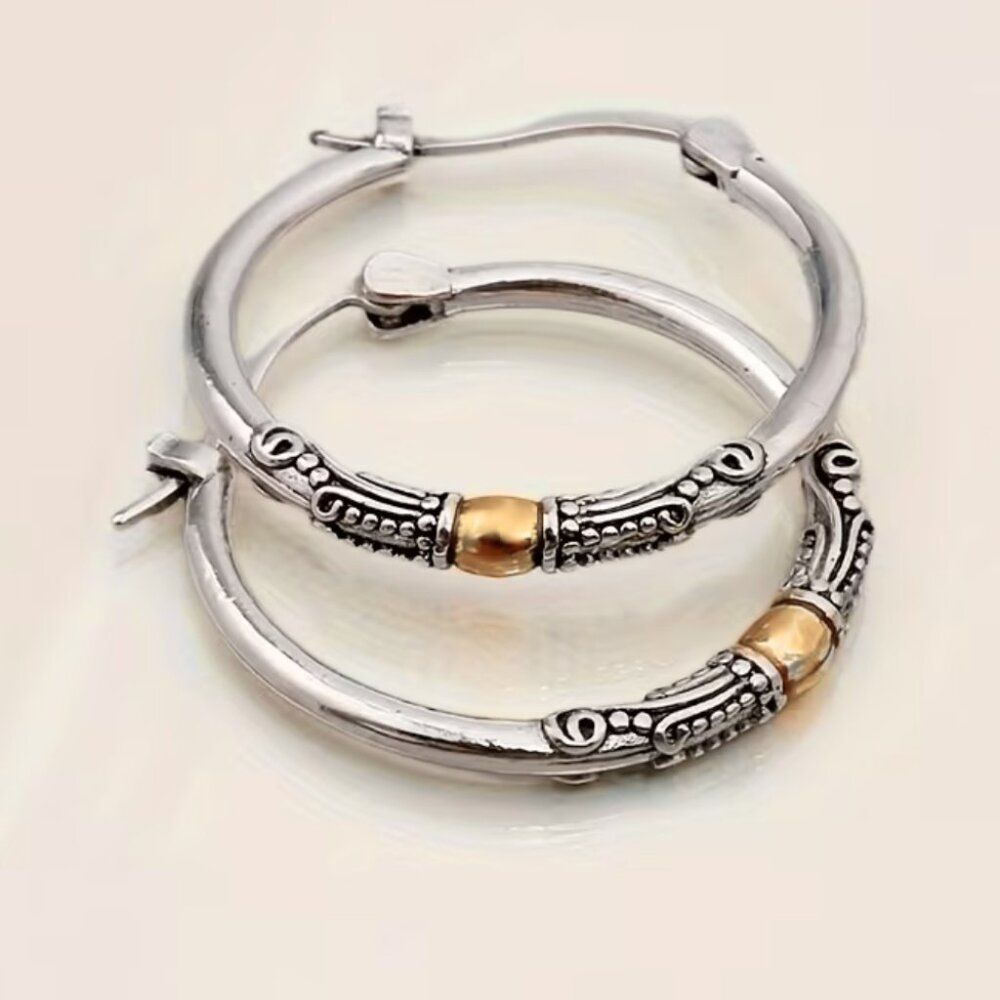 Minimalist Hoop Two-tone Earrings Bohemian Retro Chic Artisan Filigree Pattern